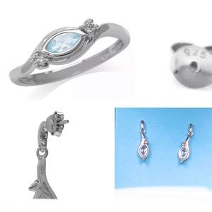 14K Genuine Blue Topaz Diamond Matching Set Earrings and Ring size 7 Gift Ready